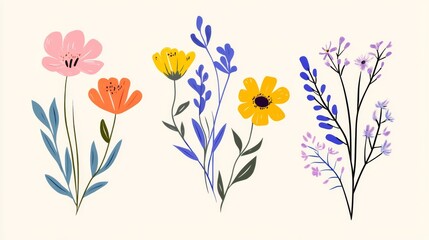 Obraz premium Set of 3 Isolated Naive Plants and Flowers on Modern Minimalist Cards. Hand-Drawn Floral Colorful Flat Vector Illustrations for Web and Interior Design.