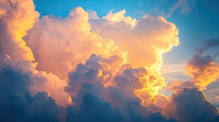 A dramatic cloudscape with towering cumulus clouds illuminated by the setting sun, casting vibrant colors across the sky.
