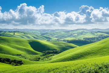 Fototapeta premium A dreamy paradise landscape with rolling hills and vibrant greenery