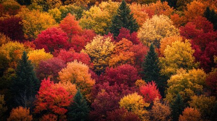 Obraz premium A vibrant forest with red, orange, and yellow leaves. Perfect for illustrating autumn themes, nature, and the beauty of changing seasons.
