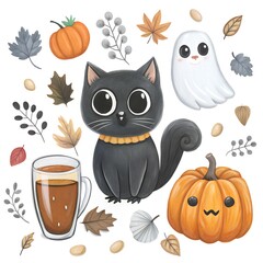 Fototapeta premium Cute Halloween artwork with a black cat, friendly ghost, coffee, pumpkins in a autumn, set of halloween elements