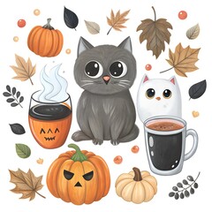 Fototapeta premium Sweet Halloween illustration with cute characters: black cat, ghost, and pumpkins on a clean white background