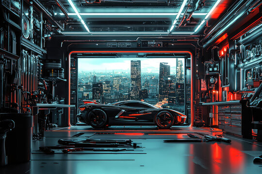 A futuristic hover car in high tech garage with tools and city view