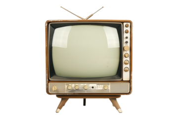 A vintage television set with a wooden stand