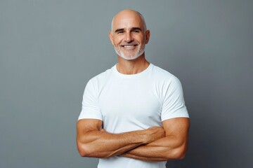 Fototapeta premium Happy confident handsome fit sporty healthy mature older man, middle aged sportsman athlete or personal trainer wearing white t-shirt standing isolated on gray with generative ai