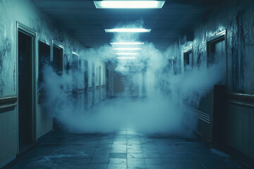 A haunted hospital corridor with flickering lights and eerie fog creates chilling atmosphere