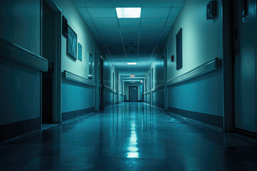A haunted hospital corridor with flickering lights creates an eerie atmosphere