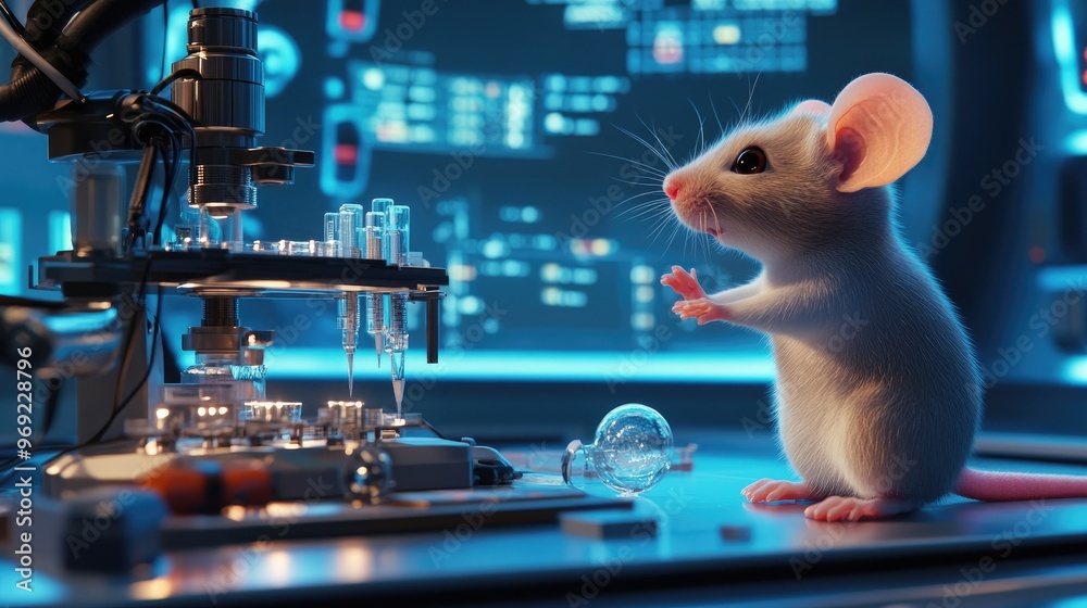 Poster a genius mouse actively working in a high-tech research laboratory, operating complex instruments wi