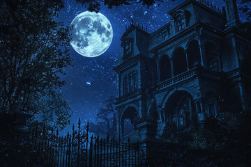 A haunted mansion exterior under full moon creates spooky atmosphere