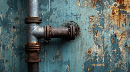 A rusty pipe against a weathered wall. A photo of a worn-out pipe on a background representing decay and neglect.