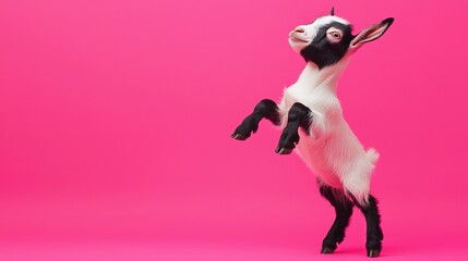 A curious dwarf goat kid standing on its hind legs on a bright pink background