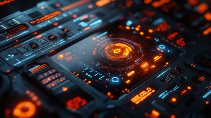 Obraz premium Quantum Computing Architecture with Advanced Interfaces: A close-up of quantum computers with futuristic control panels and visualizations.