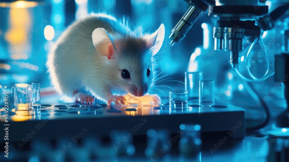 Poster a genius mouse actively working in a high-tech research laboratory, operating complex instruments wi