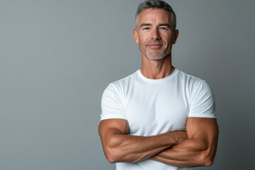 Happy confident handsome fit sporty healthy mature older man, middle aged sportsman athlete or personal trainer wearing white t-shirt standing isolated on gray with generative ai