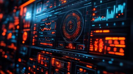 Fototapeta premium Quantum Computing Architecture with Advanced Interfaces: A close-up of quantum computers with futuristic control panels and visualizations.