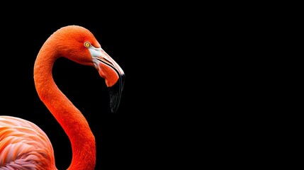 A flamingo is standing on a black background
