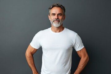 Obraz premium Happy confident handsome fit sporty healthy mature older man, middle aged sportsman athlete or personal trainer wearing white t-shirt standing isolated on gray with generative ai