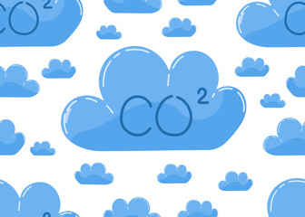 Seamless vector pattern of blue CO2 clouds on white isolated background. Concept image of climate change problems, air pollution, CO2 emissions. For eco design, prints, cover art.