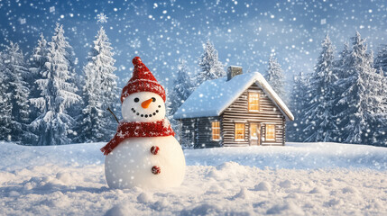 Fototapeta premium snowman in front beautiful house architecture