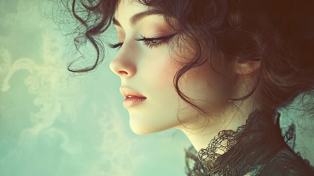 A dramatic Art Nouveau portrait of a woman with a melancholic gaze, her hair cascading down her back and blending with the shadows.