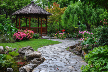Fototapeta premium A peaceful garden paradise with stone pathway and vibrant flowers