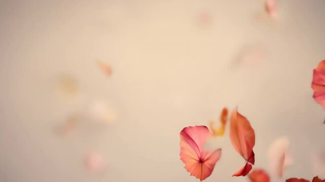 beautiful scene of delicate pink flower petals floating and falling gently through the air, set against a soft pastel background