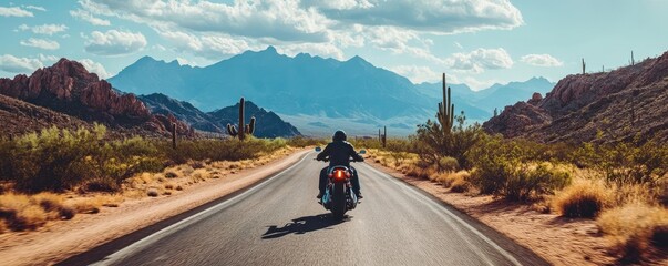 A motorcyclist riding along a desert road, with mountains and cacti in the background