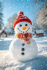 a charming snowman stand on the farm village while snow flies