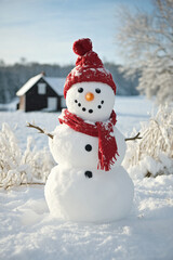 Obraz premium a charming snowman stand on the farm village while snow flies