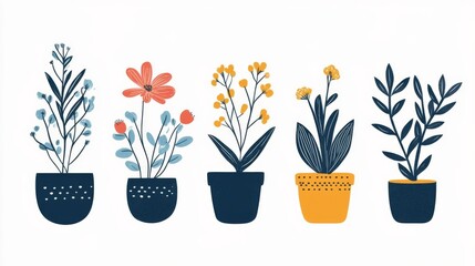 Set of Isolated Naive Plants and Flowers in Modern Minimalist Style. Hand-Drawn Colorful Flat Vector Illustrations for Web or Interior Design on Minimalist Cards.