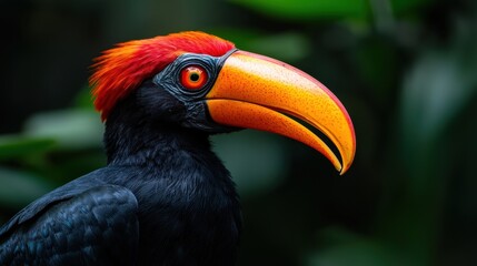 Obraz premium A black and orange bird with red feathers on its head