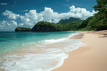 Obraz premium A picturesque view of paradise beach with gentle waves and lush greenery