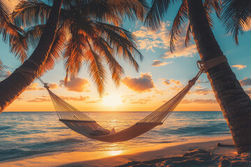 A serene sunset view with hammock between palm trees on paradise island