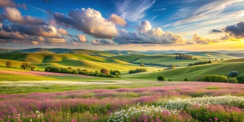 Obraz premium Pastel countryside landscape with rolling hills, fluffy clouds, and blooming wildflowers