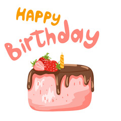 Birthday strawberry cake with creamy layers, candle, and chocolate glaze. Perfect for invitations, cards, and party decor. Festive design with Happy Birthday lettering for celebration.