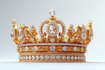 majestic golden crown floating against pure white backdrop intricate details gleaming regal and timeless symbol of power