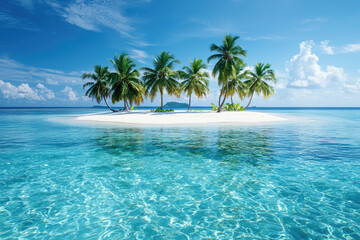 Fototapeta premium A picturesque view of paradise island with sandy beach and palm trees