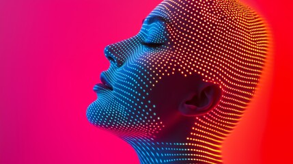 A woman's face is shown in a computer generated image with a red background. The image is abstract and has a futuristic feel to it