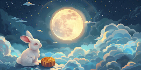 rabbit and moon, mid-autumn festival, painting style, flat illustration, 2D illustration, poster and banner, card	
