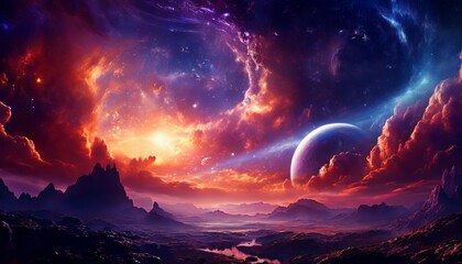 A mesmerizing cosmic landscape featuring vibrant nebulae and distant planets. The stunning array of colors and celestial formations transports viewers to a fantastical universe, ideal for sci-fi and