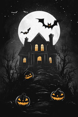 pumpkin fly above the dark house with spooky trees against a full moon