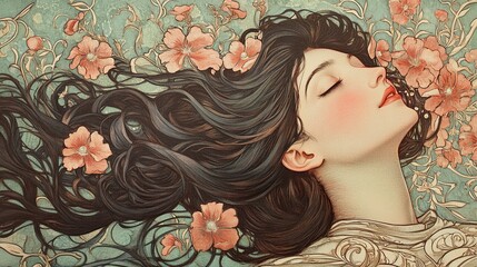 A vintage advertisement for an Art Nouveau perfume, featuring a stylized illustration of a woman with flowing hair and a delicate fragrance bottle.