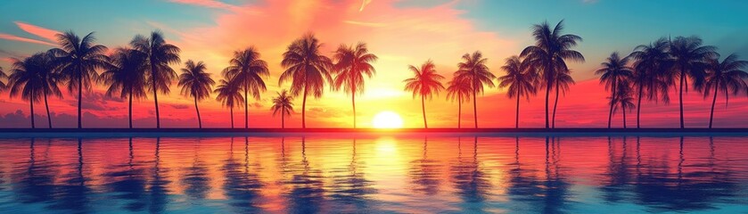 A row of palm trees silhouetted against a tropical sunset, with the ocean reflecting the vibrant colors