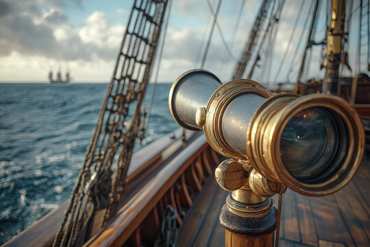 A pirate ships crows nest view with telescope overlooking ocean