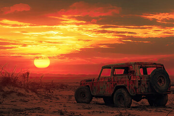 A rusted vehicle in post apocalyptic desert at sunset evokes sense of desolation