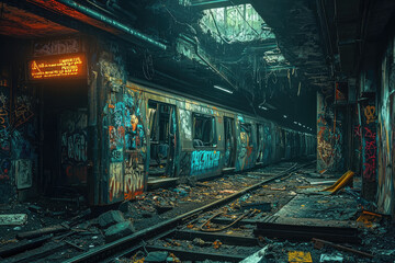Abandoned subway station with graffiti and debris, evoking post apocalyptic atmosphere