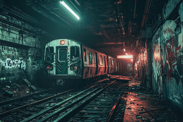 Naklejka premium A post apocalyptic subway station with train in dark, graffiti covered environment