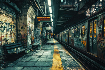 Fototapeta premium Abandoned subway station platform with graffiti and dim lighting evokes haunting atmosphere