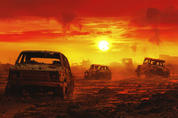 A post apocalyptic wasteland with abandoned cars under dramatic sunset