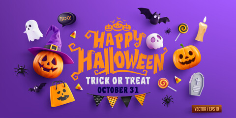 Halloween Trick or Treat with Pumpkin Jack-O'-Lantern,Witch Hat,Ghost,pumpkins, bats,candy corn and spooky Halloween decorations, Halloween banner or poster